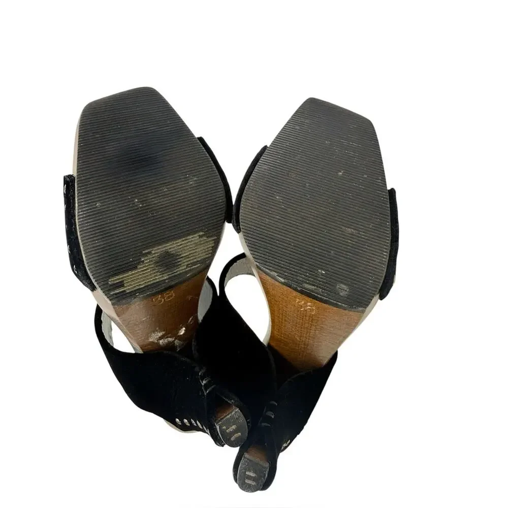Chanel Vintage Black Velvet Studded Wooden Heel Sandals Size 38